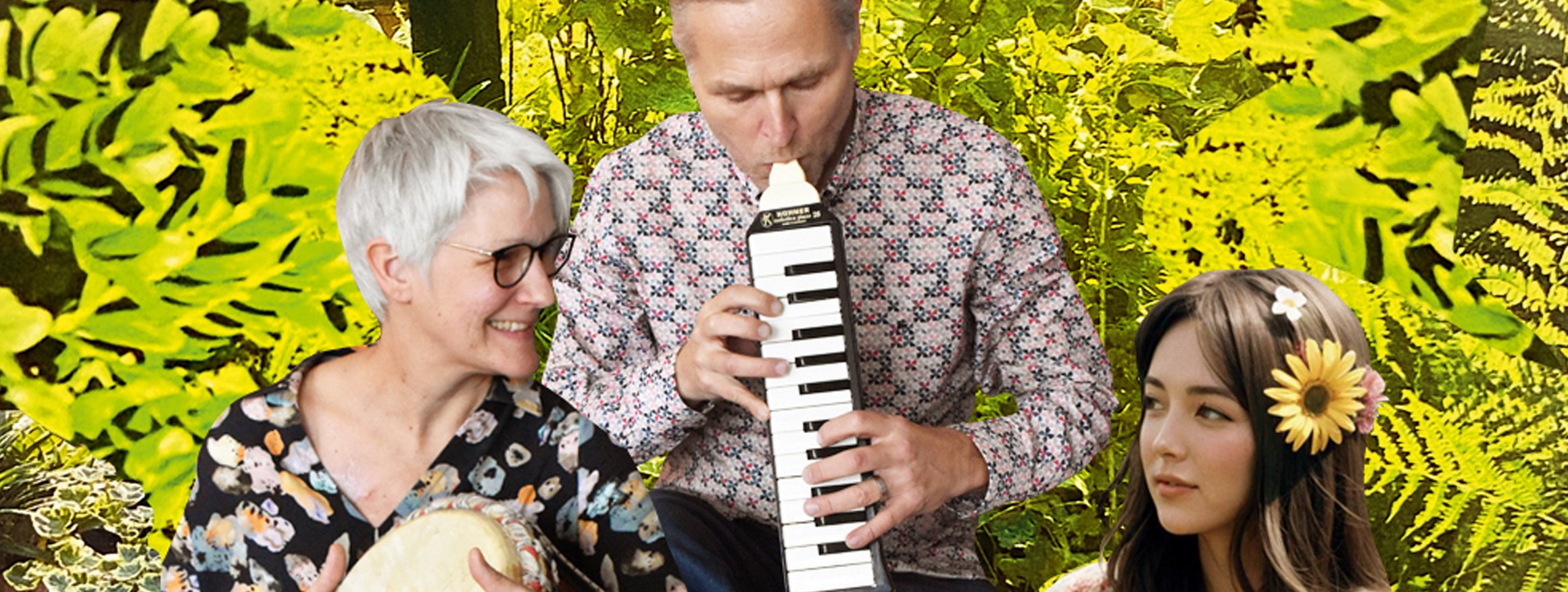 Die Illustration zeigt drei Personen beim Musizieren im Garten