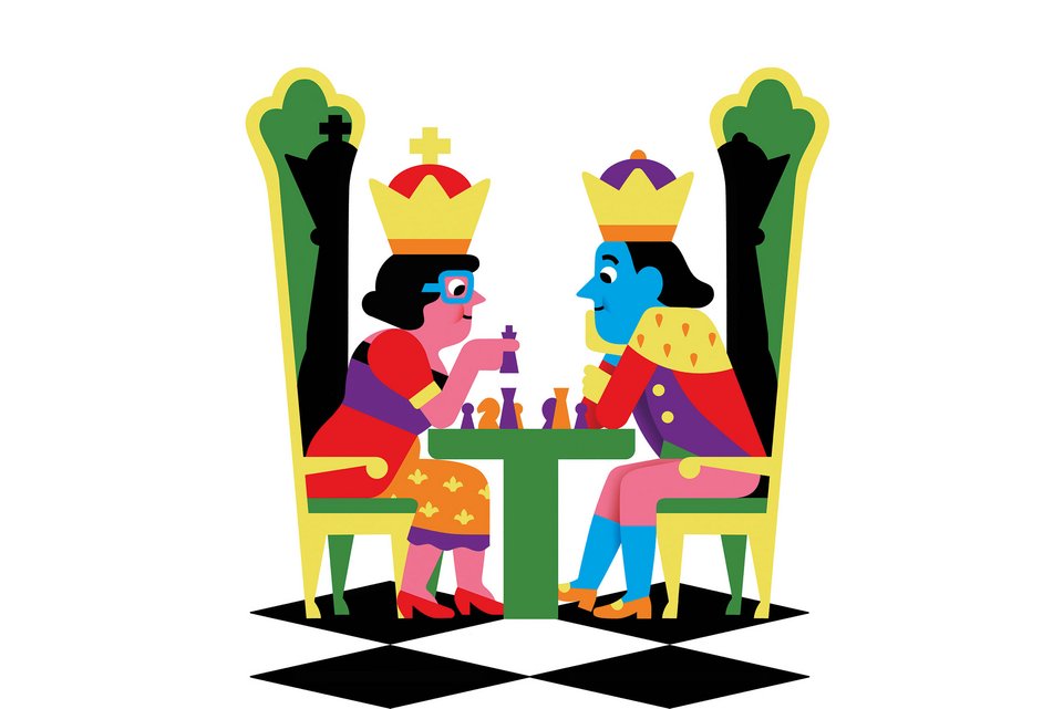 Die Illustration zeigt eine Königin und einen König beim Schachspiel