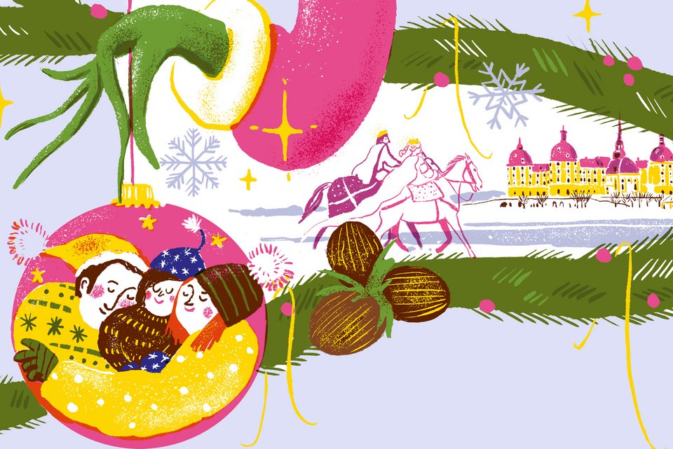 Die Illustration zeigt verschiedene berühmte Weihnachtsfilmfiguren, wie zum Beispiel den Grinch 