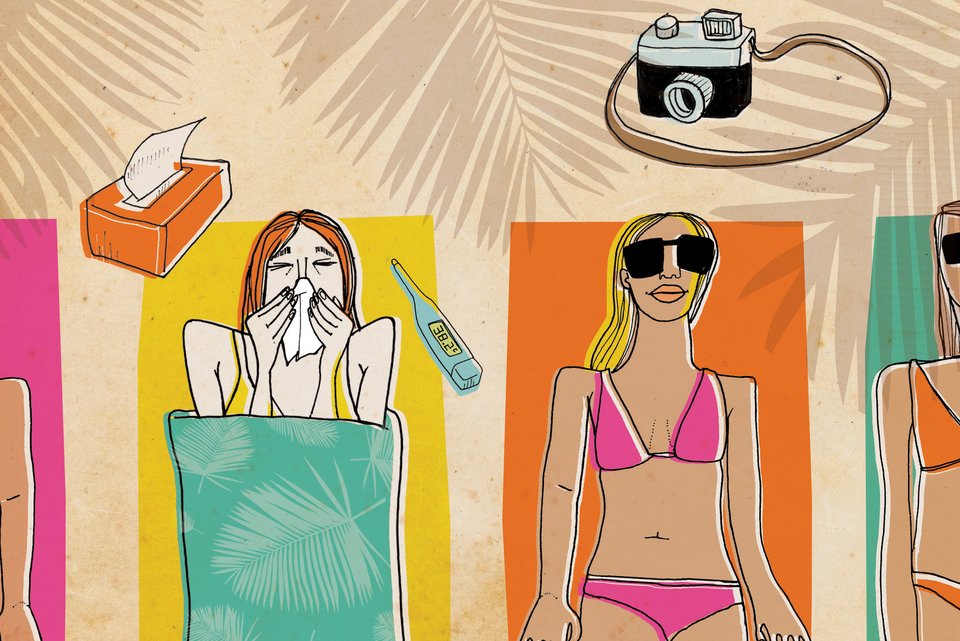 Die Illustration zeigt eine Frau, die am Strand liegt, aber offensichtlich krank ist.
