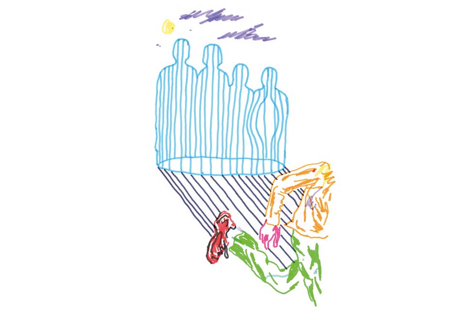 Die Illustration zeigt eine Familie aus vier Personen in blauen Strichen, während ein bunter Mensch davonrennt