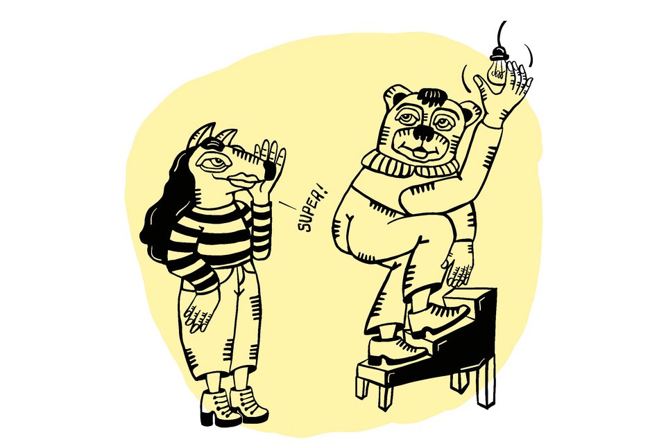 Die Illustration zeigt zwei menschliche Tierfiguren mit Kleidung, von denen einer eine Glühbirne wechselt