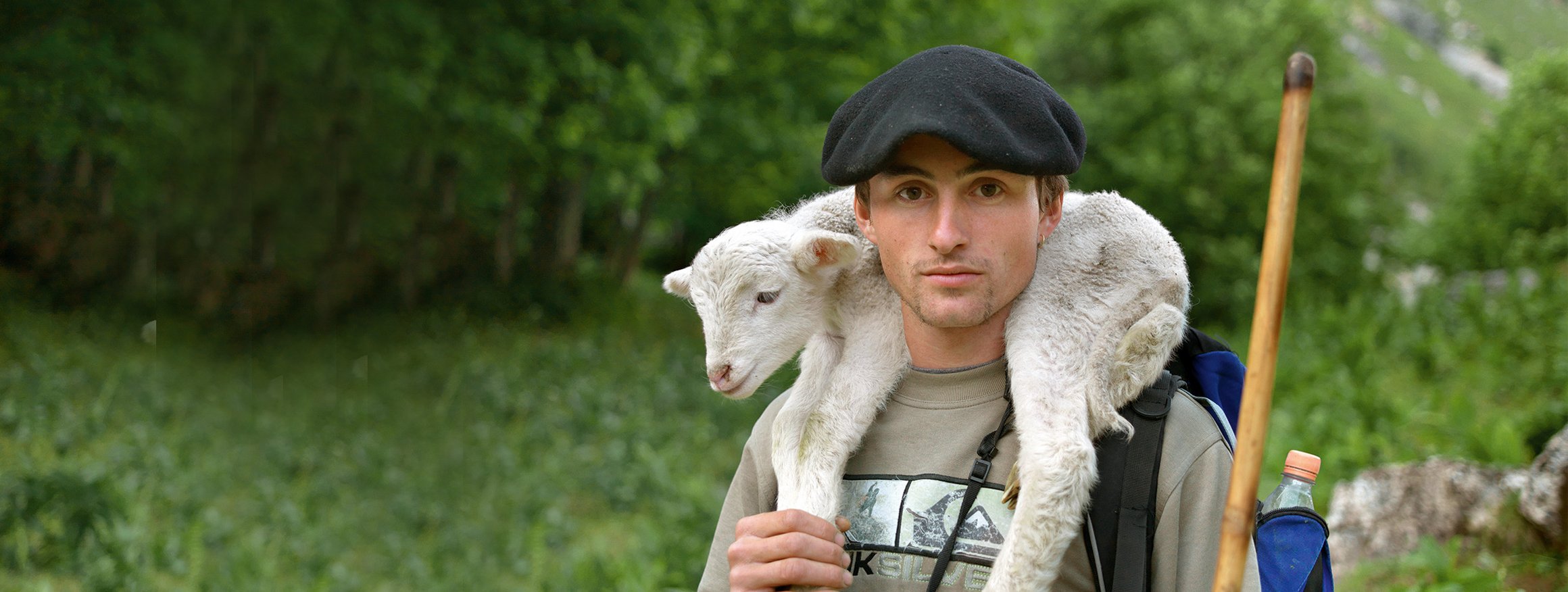 Ein junger Mann mit Baskenmütze auf dem Kopf, steht mit seinem Schäferstab auf der Wiese und trägt dabei ein weißes Lamm auf den Schultern