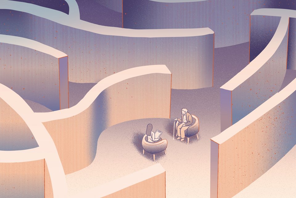 Die Illustration zeigt ein Labyrinth in dem auf zwei Sesseln eine Therapeutin mit ihrer älteren Patientin sitzt