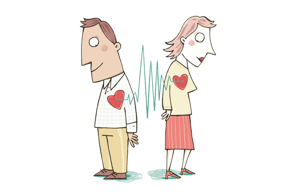 Die Illustration zeigt ein Paar, dass mit dem Rücken zueinander steht, und deren Herzen durch eine Herzfrequenz miteinander verbunden sind
