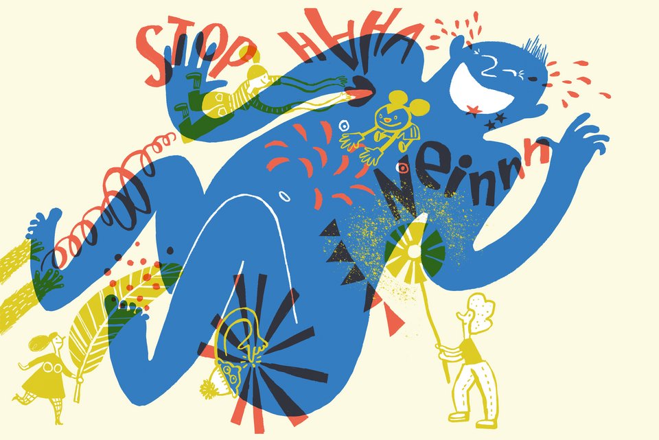 Die Illustration zeigt ein blaues Männchen, dass von allen Seiten ausgiebig von kleinen Menschen gekitzelt wird und sich dabei windet und Tränen lacht