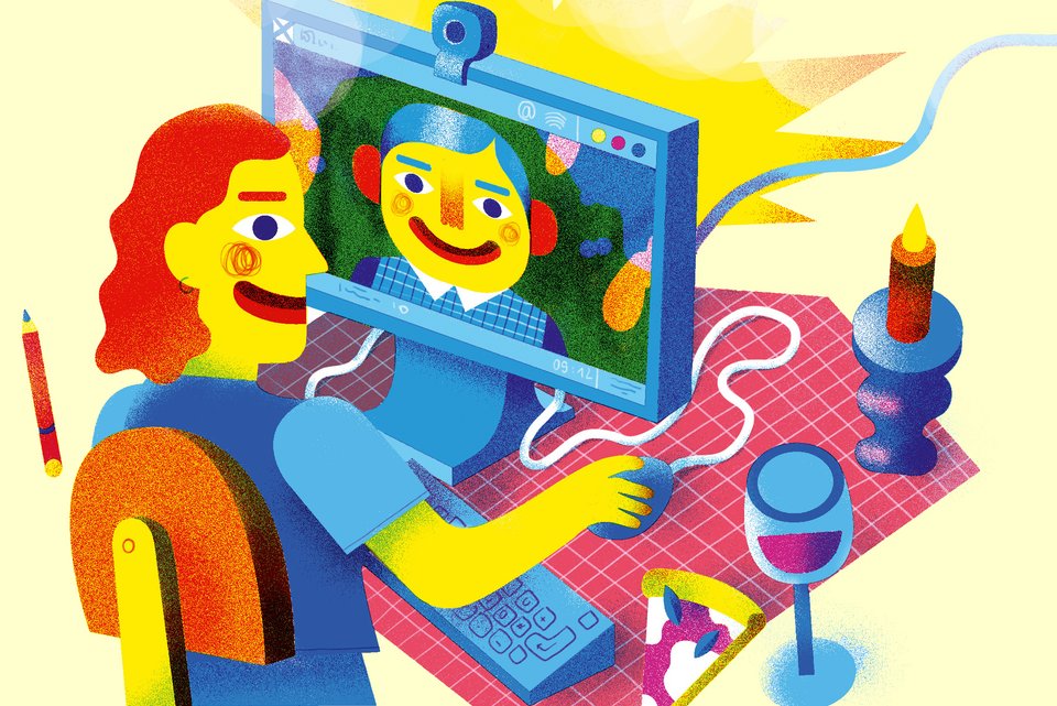 Die Illustration zeigt eine Frau an einem Bildschirm, neben sich ein Stück Pizza, ein Glas Rotwein und eine Kerze, die gerade mit ihrem Freund chattet, mit dem sie eine Fernbeziehung hat