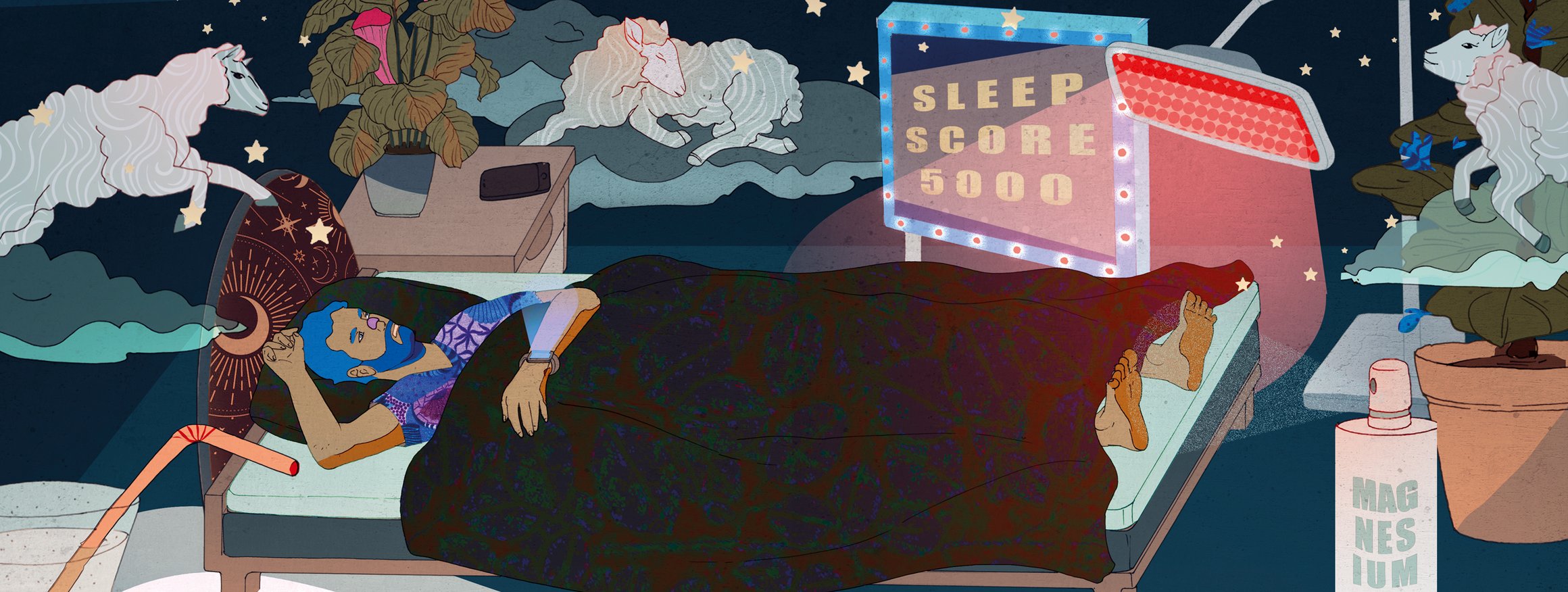 Die Illustration zeigt einen Mann, der schlaflos im Bett liegt, umringt von zwei Schafen