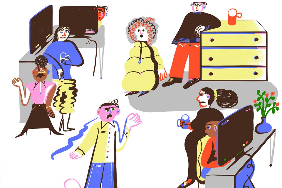 Die Illustration zeigt einen Mann in einem Büro, der gestresst wirkt, und mit einer Kollegin redet, die ihn unfreundlich anschaut mit einer  Tasse in der Hand
