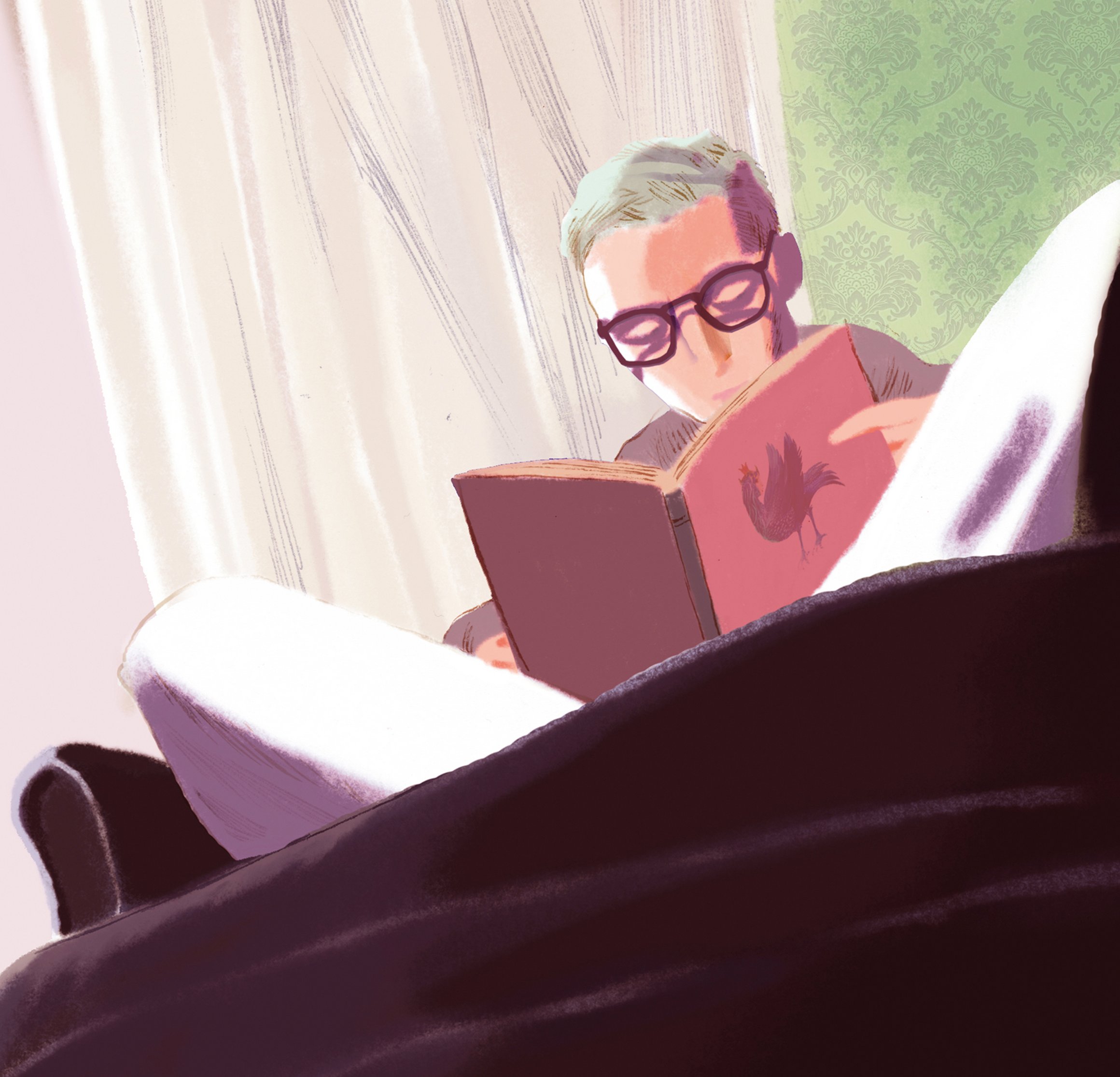 Die Illustration zeigt eine Person mit Brille und kurzen Haaren im Sessel, die in ein Buch vertieft ist.