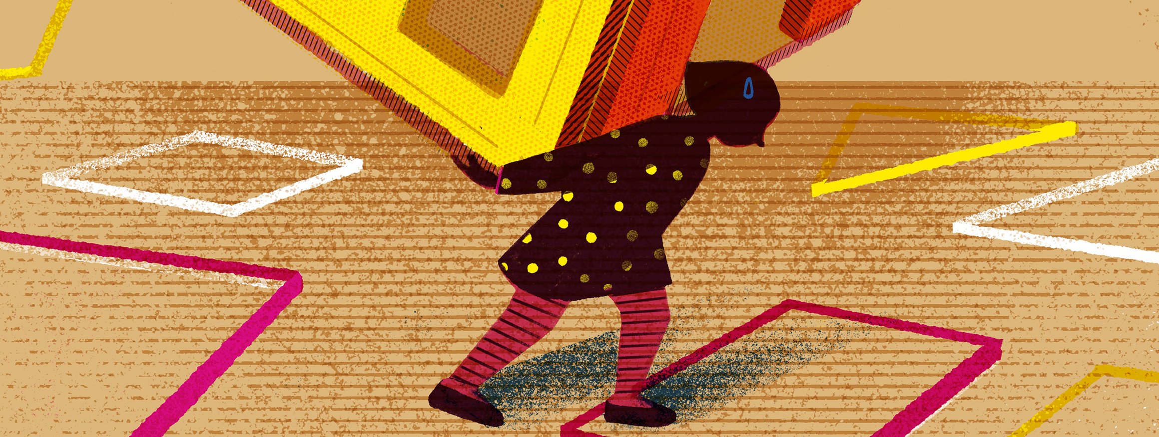 Die Illustration zeigt ein kleines gebeugtes Mädchen, das ein sehr großes Spielzeughaus alleine trägt