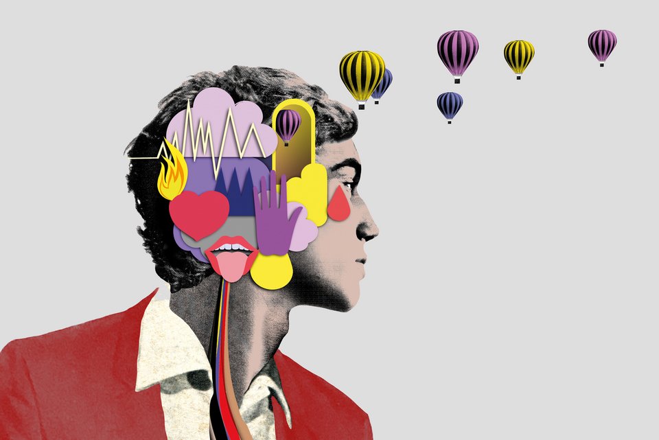 Die Illustration zeigt einen Mann mit vielen Eindrücken im Kopf, der in die Ferne schaut, wo viele Heizluftballons am Himmel sind