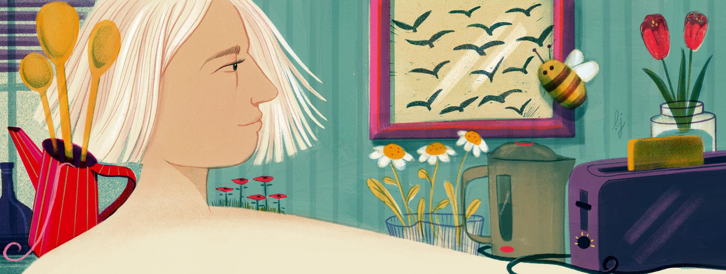 Die Illustration zeigt ene nachdenklich Frau in der Küche ihrer Eltern, mit Kochlöffeln, Blumen und einem Bild an der Wand