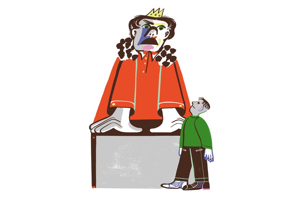 Die Illustration zeigt einen großen Mann mit rotem Mantel und Krone auf dem Kopf, der streng eine Rede hält vor einen kleinen Mann, der traurig zu ihm hoch schaut und zuhört
