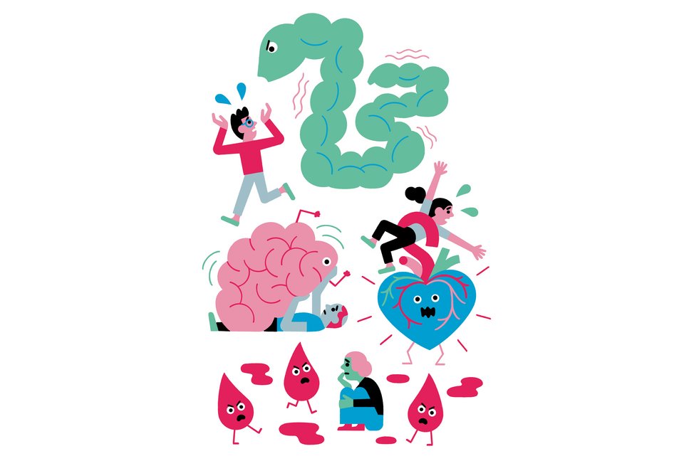 Die Illustration zeigt Organe, wie zum Beispiel Darm, Gehirn oder Herz, die Menschen Angst machen und sie unter anderem in den Schwitzkasten nehmen und bedrohen und dabei böse schauen