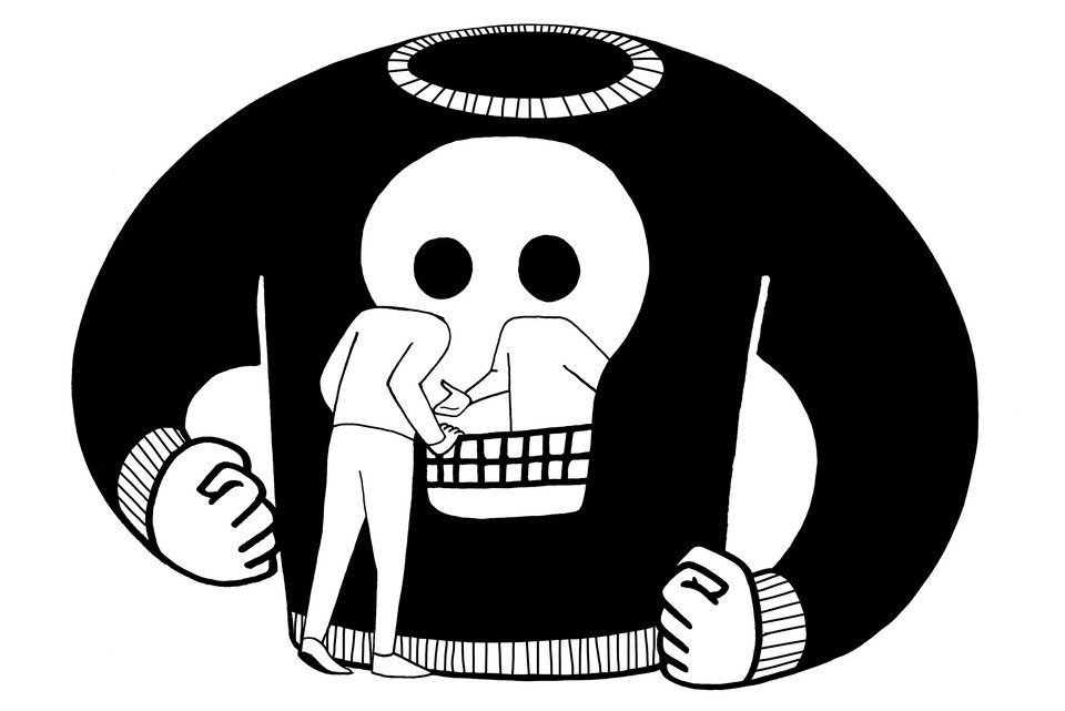 Die Illustration zeigt einen jungen Menschen, der vor einem großen Pullover steht, auf dem ein Totenkopf abgebildet ist