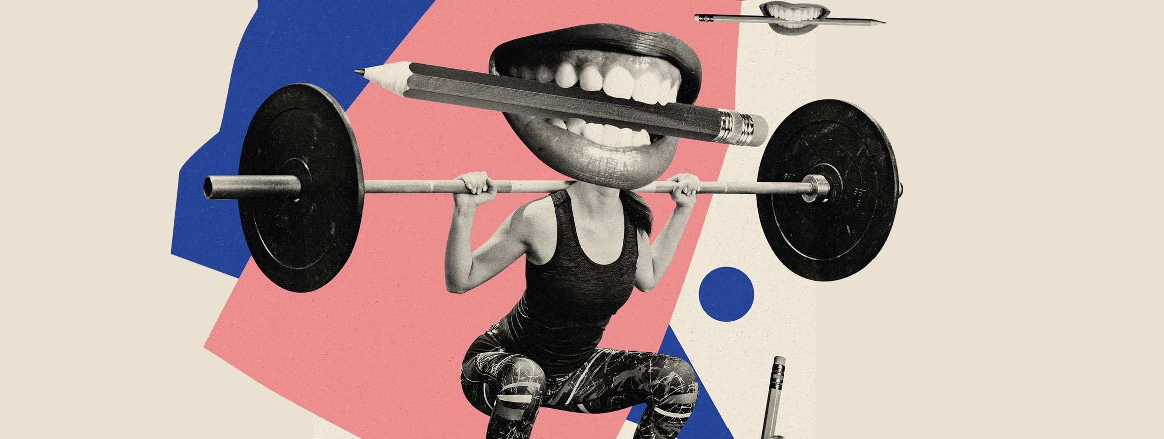 Die Illustration zeigt eine Gewichtheberin mit einem Mund als Kopf, der einen Bleistift zwischen den Zähnen hält, davor steht ein Mann und eine Frau mit einem Bleistift, während Münder mit Bleistift herumschwirren