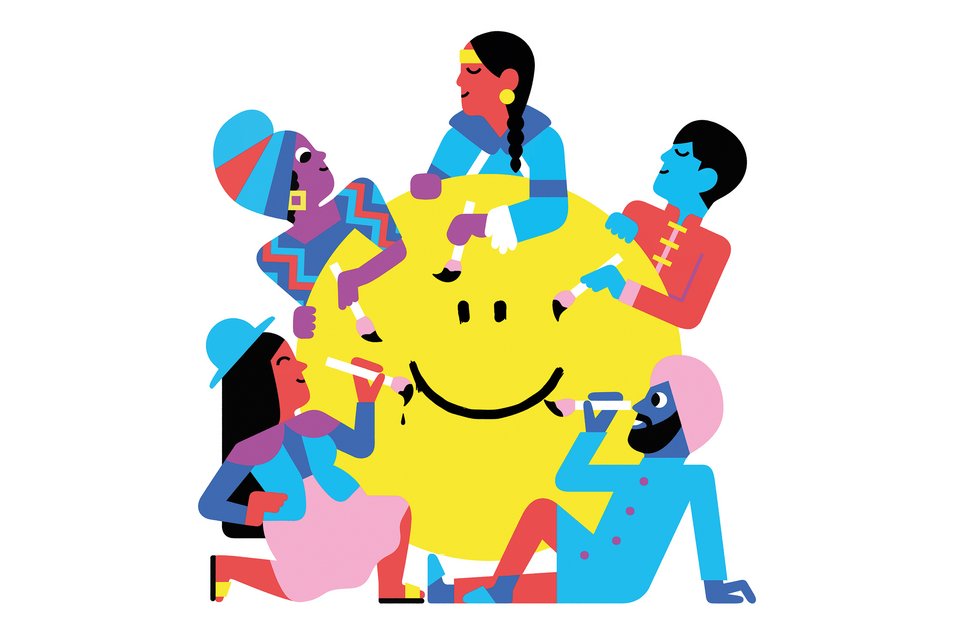 Die Illustration zeigt fünf Menschen aus verschiedenen Weltkulturen, die gemeinsam an einem Tisch sitzen, der die Form eines Smileys hat
