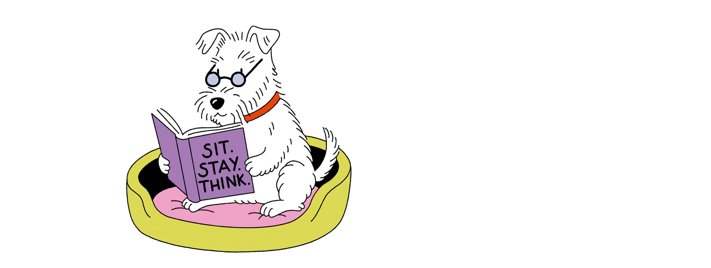Die Illustration zeigt einen kleinen weißen Hund, der eine Brille trägt, und gerade ein Buch liest, das er iin seien Pfoten hält