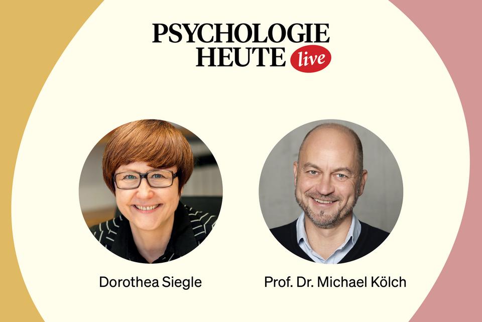 Die Collage zeigt das Logo von „Psychologie Heute live“ sowie Chefredakteurin Dorothea Siegle und den Experten Michael Kölch.
