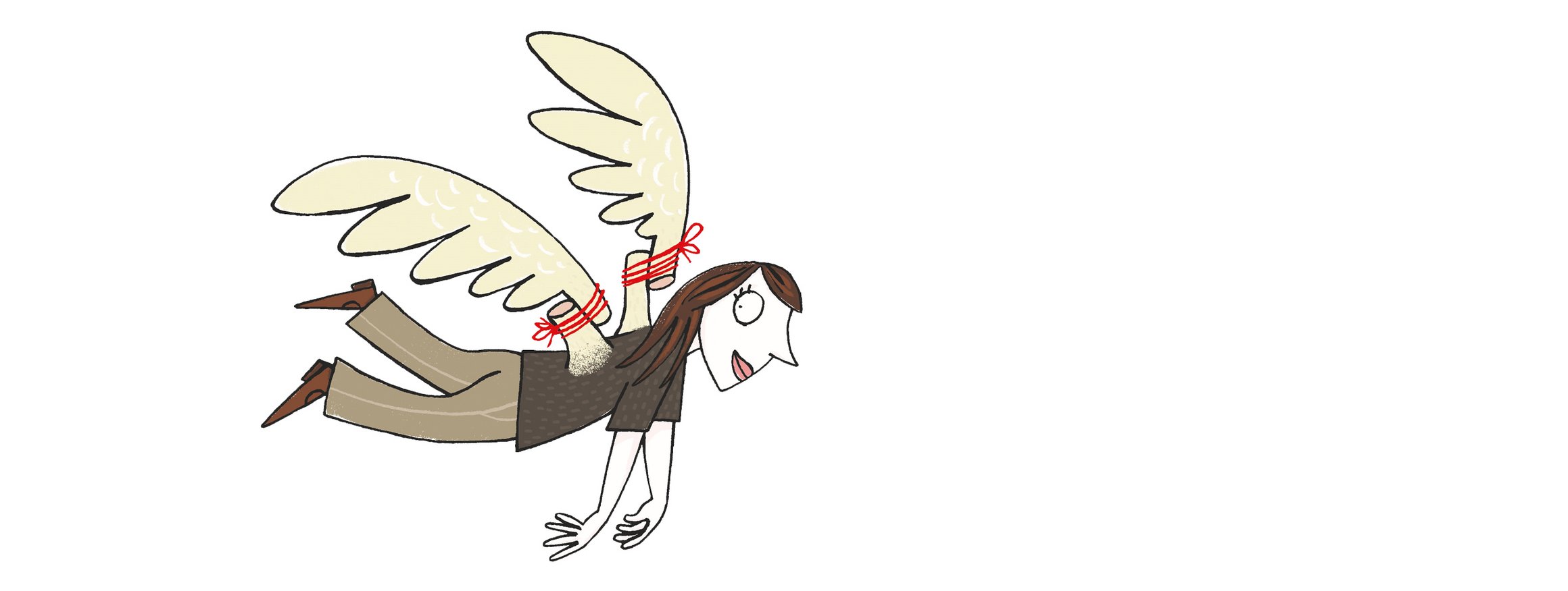 Die Illustration zeigt eine Frau mit abgebrochenen Flügeln beim Fliegen, die die Flügel mit einer roten Schnur wieder angebunden hat