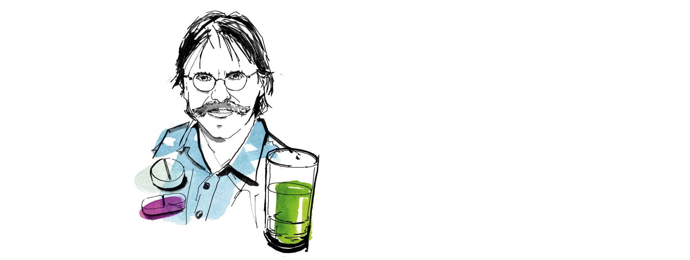 Die Illustration zeigt den Medizinpsychologen Manfred Schedlowski mit zwei Tabletten und einen Glas, in dem eine grüne Flüssigkeit ist