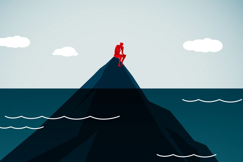 Die Illustration zeigt eine rote Person, die nachdenklich auf einem Felsen im Meer ganz allein sitzt