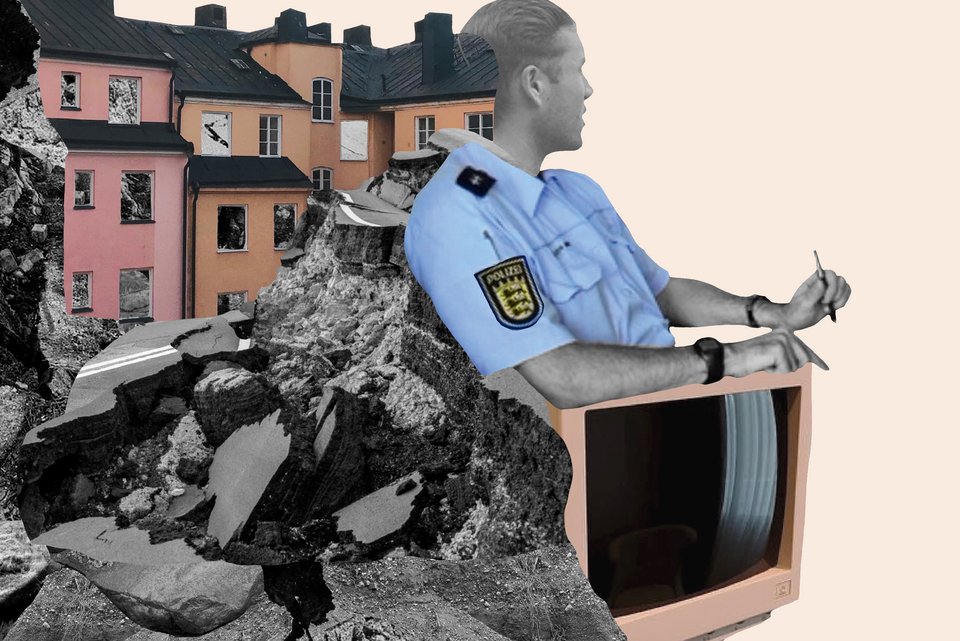 Die Illustration zeigt einen Polizisten in Uniform, der in die Ferne schaut, die Arme auf einem Bildschirm abgelegt, während hinter ihm Häuser sind, die vor einem Abgrund sind