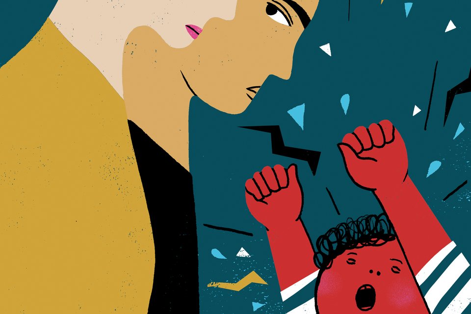 Die Illustration zeigt ein wütendes Kind, das schreiend die Fäuste den Eltern entgegenhält, während die Eltern sich verärgert in die Augen schauen