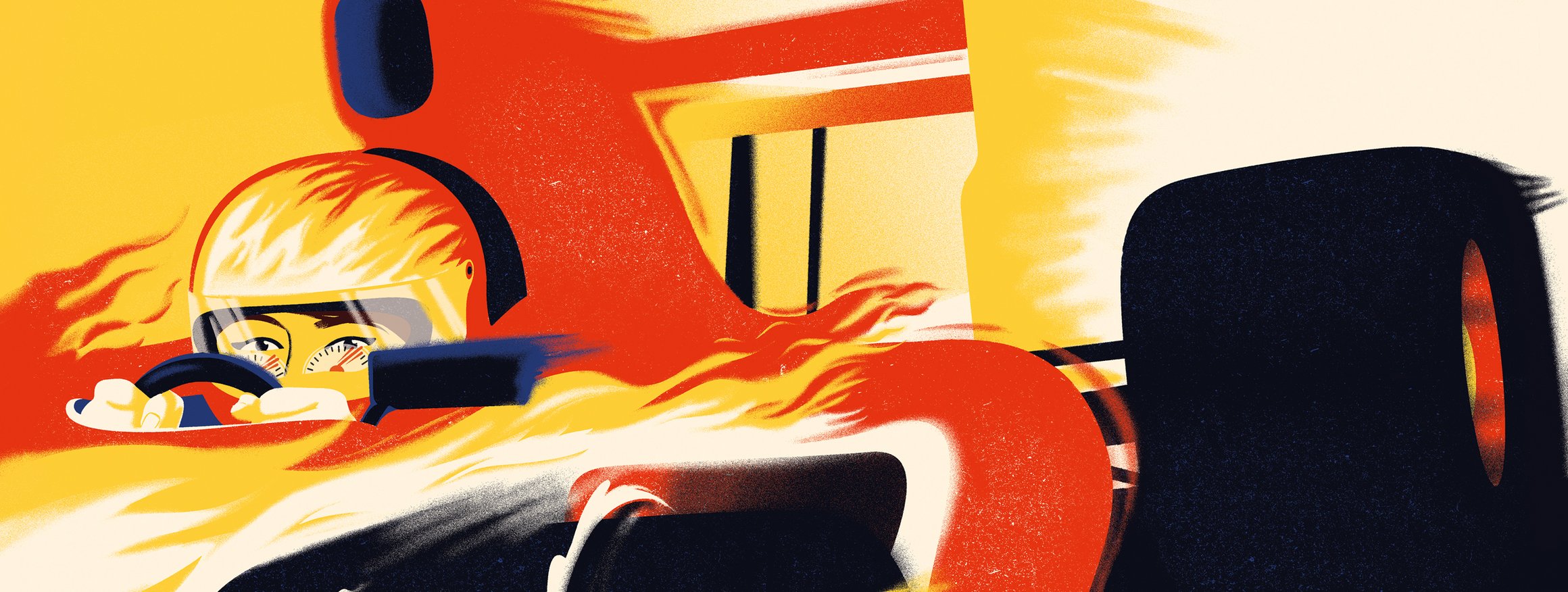 Die Illustration zeigt einen Rennwagenfahrer mit Helm, der in einem brennenden Wagen sitzt und rast