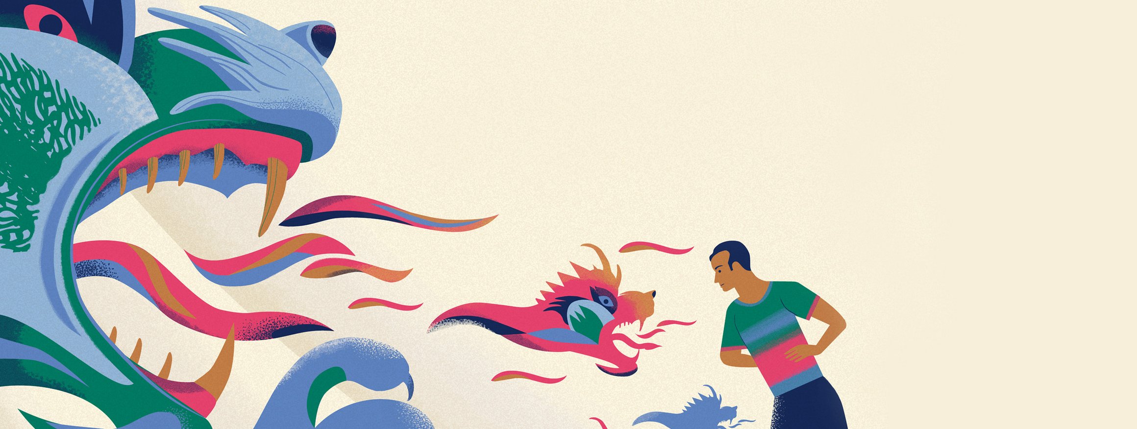 Die Illustration zeigt einen jungen Mann, der sich gegen bedrohliche Drachen stellt.