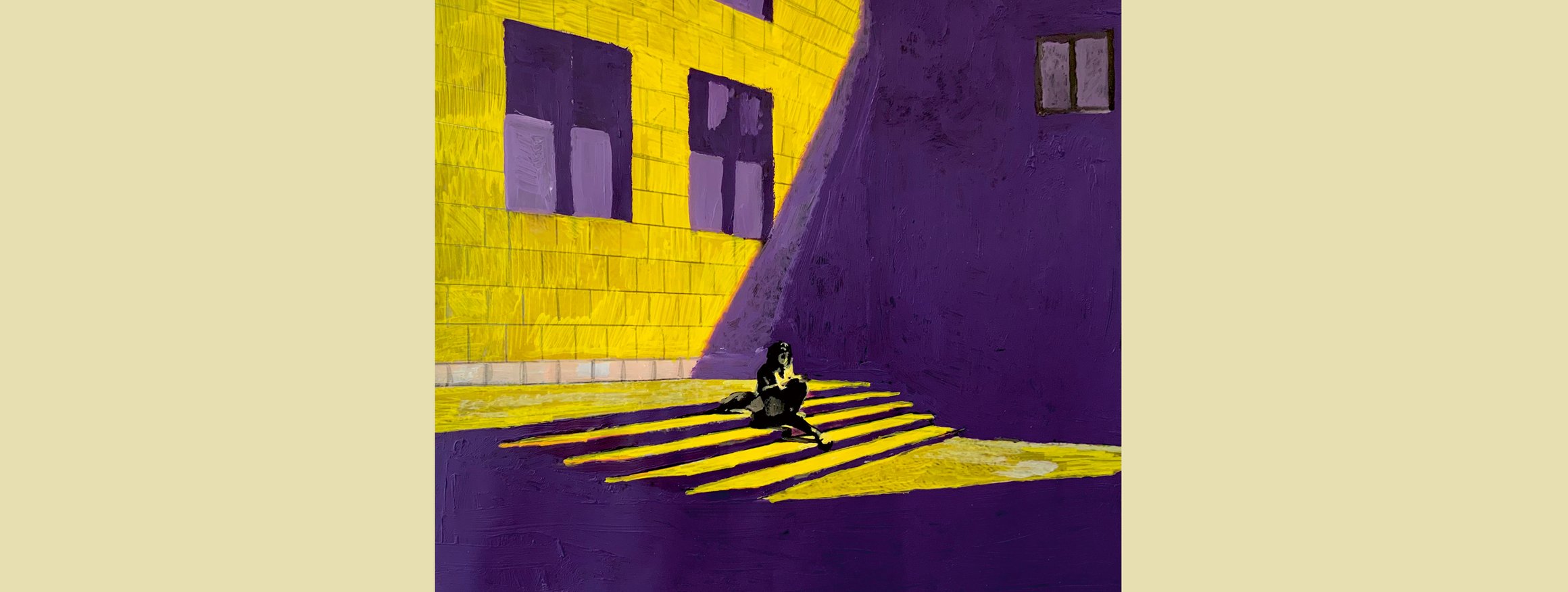 Die Illustration zeigt eine Person auf einer Treppe sitzend vor einer großen Häuserfassade