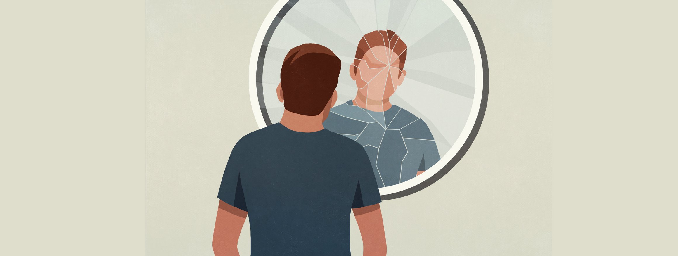 Ein Mann steht vor einen zersplitterten Spiegel und sein Spiegelbild ist verzerrt