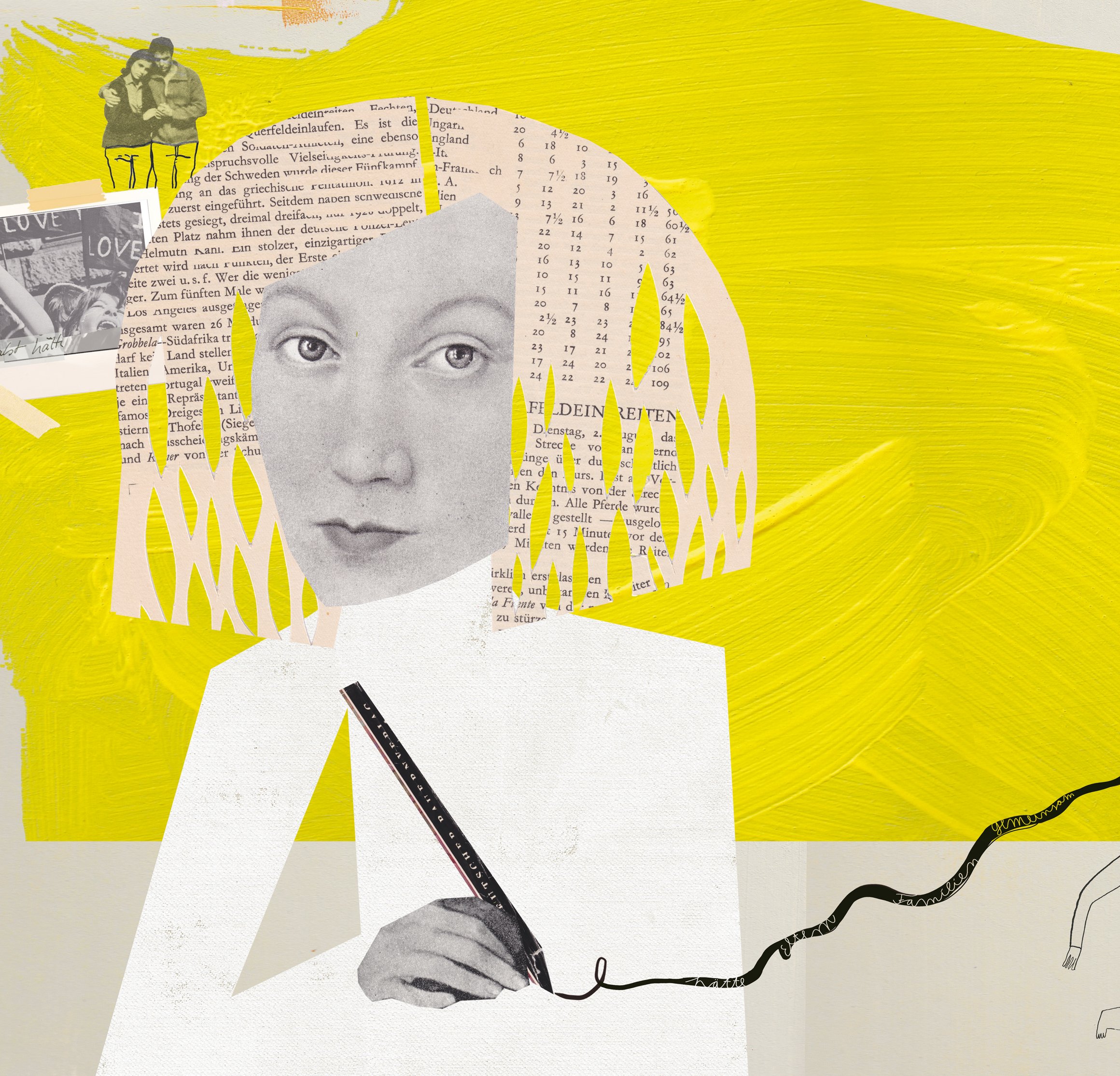 Die Collage zeigt eine Frau mit Stift, deren Haare aus Textausschnitten bestehen.