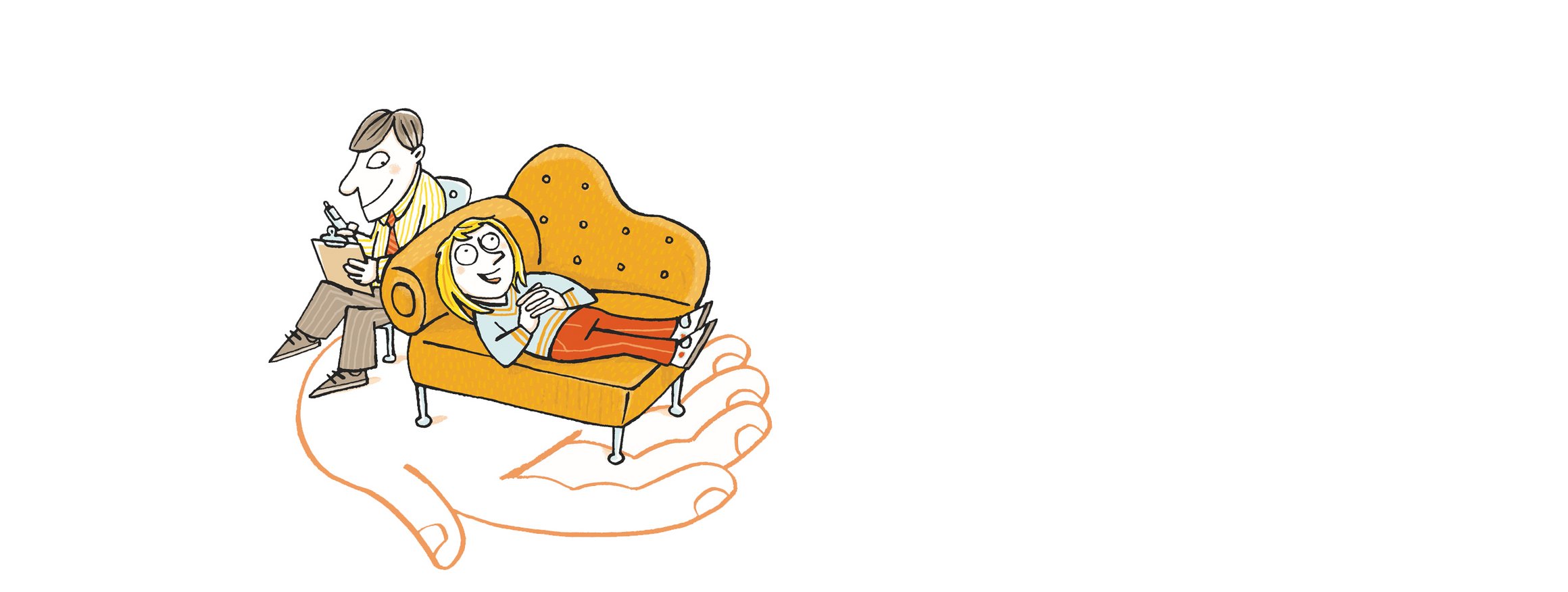 Die Illustration zeigt eine Frau auf einer Couch, daneben sitzt ihr Therapeut und schreibt, darunter ist eine große Hand, die die Szene trägt