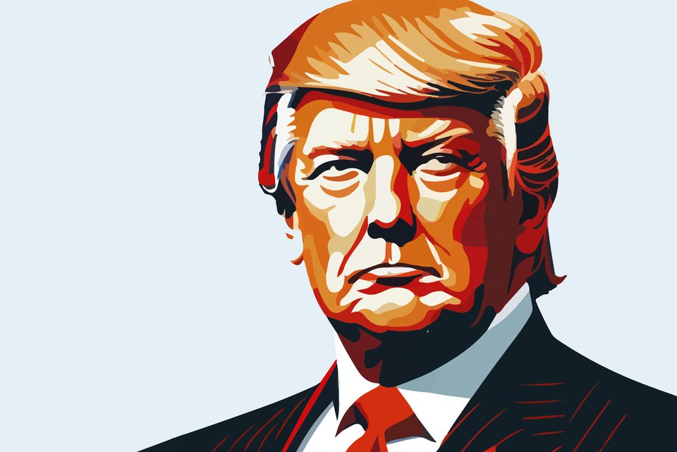 Die Illustration zeigt Donald Trump, der ernst zur Seite schaut