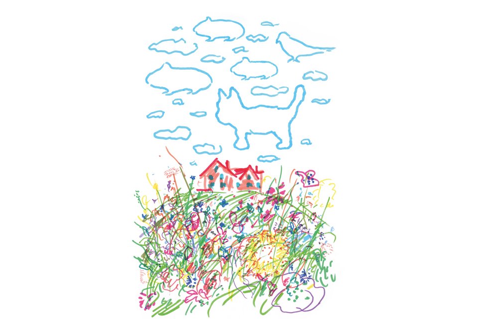 Die Illustration zeigt eine Blumenwiese darauf ein Haus und darüber ein Himmel der voll ist mit Tierwolken, wie zum Beispiel Hund, Vogel oder Hamster