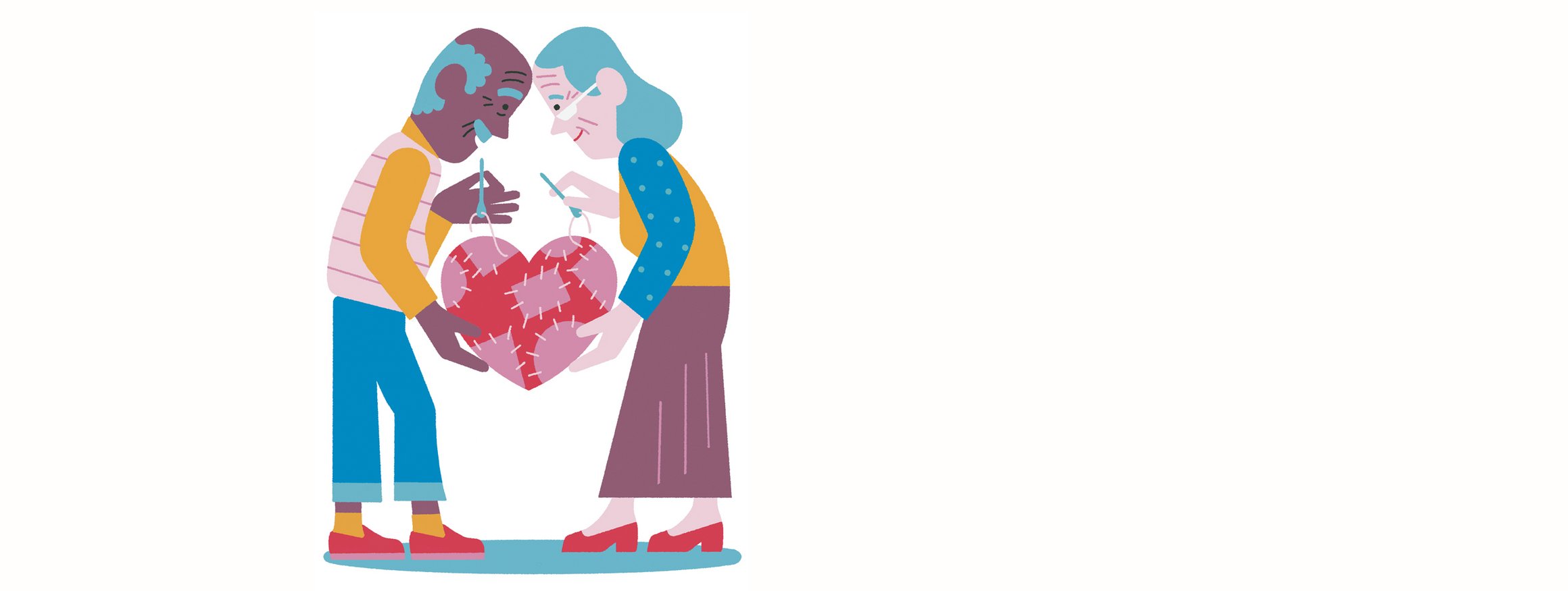 Die Illustration zeigt ein älteres Ehepaar, das gemeinsam mit Nadel und Faden liebevoll ein Herz flickt