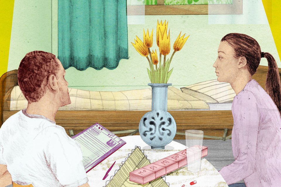 Die Illustration zeigt einen Therapeuten in der Psychiatrie, der mit einer jungen Patientin an einem Tisch sitzt und spricht, in angenehmer Atmosphäre
