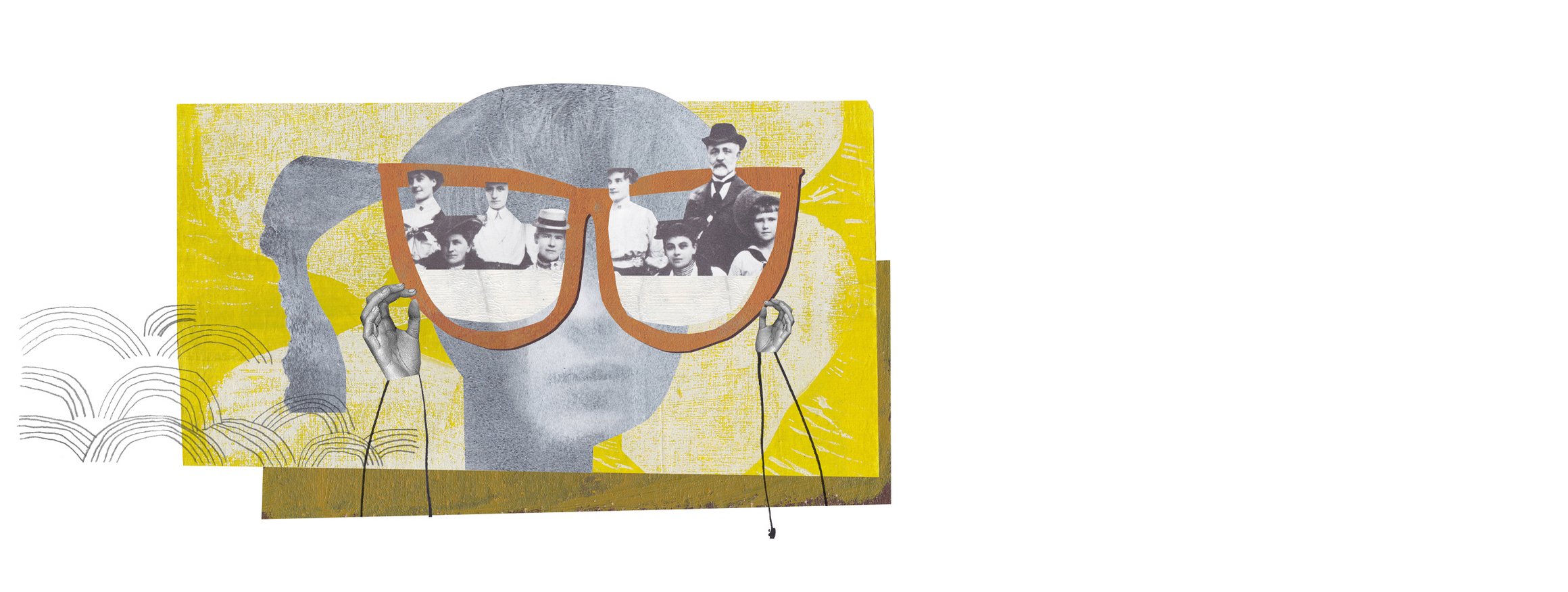 Die Illustration zeigt eine Frau mit einer Riesenbrille auf der Nase, in den Brillengläsern sitzen alle Verwandten