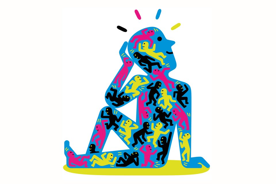 Die Illustration zeigt eine blaue Person, die lächelnd und lässig auf dem Boden sitzt, in ihr befinden sich pinke und gelbe Personen