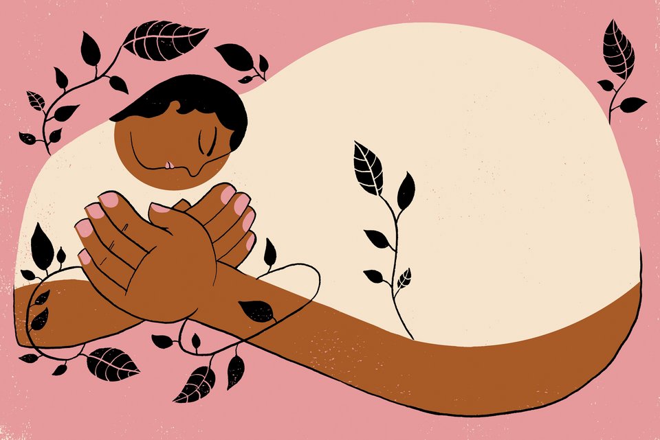 Die Illustration zeigt eine Schwarze Frau, die sich mit sehr großen Händen selbst liebevoll umarmt, während um sie herum zarte Pflanzen wachsen.