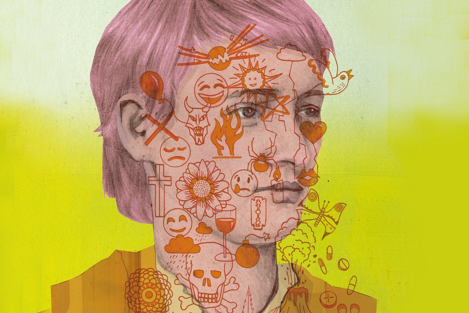 Die Illustration zeigt eine Frau mit Zeichnungen im Gesicht, die ihre vielen Gefühle zeigen