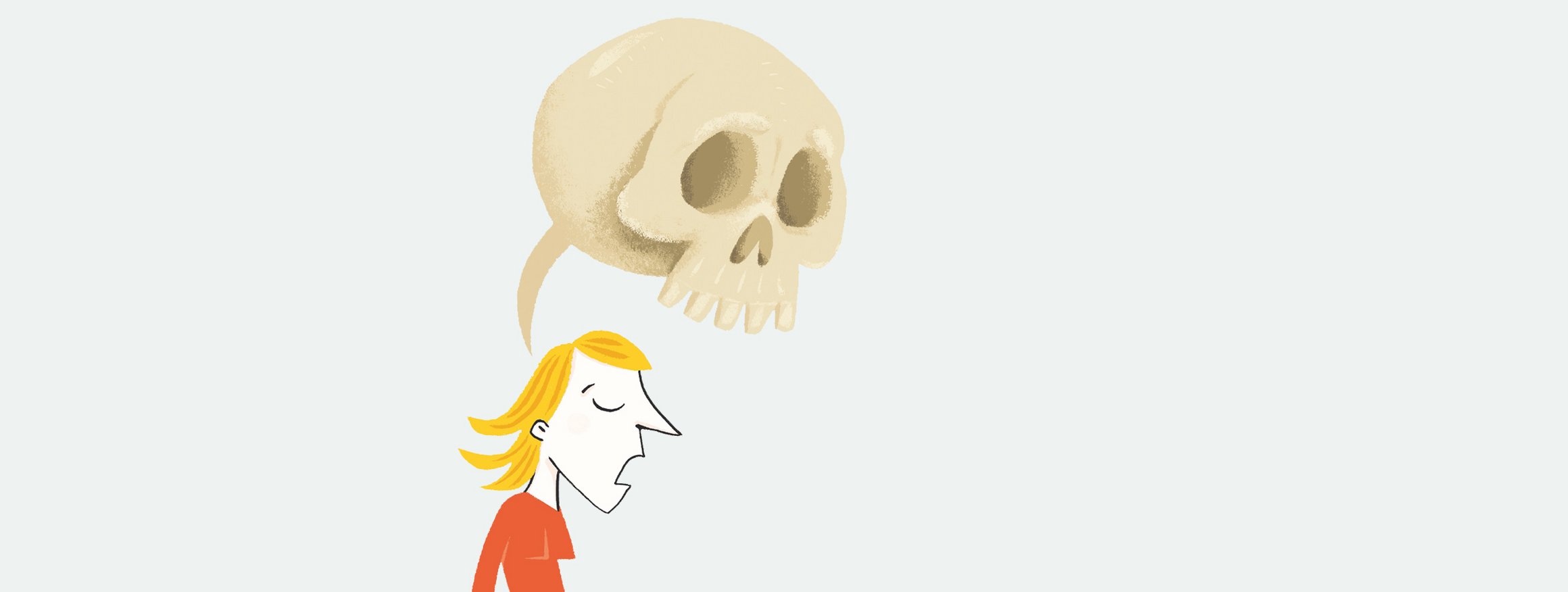 Die Illustration zeigt eine Frau mit einer Sprechblase in Form eine Totenkopfes über sich, die von Schuldgefühlen geplagt ist, da sie vor dem Tod ihres Onkel nicht mehr mit ihm reden konnte