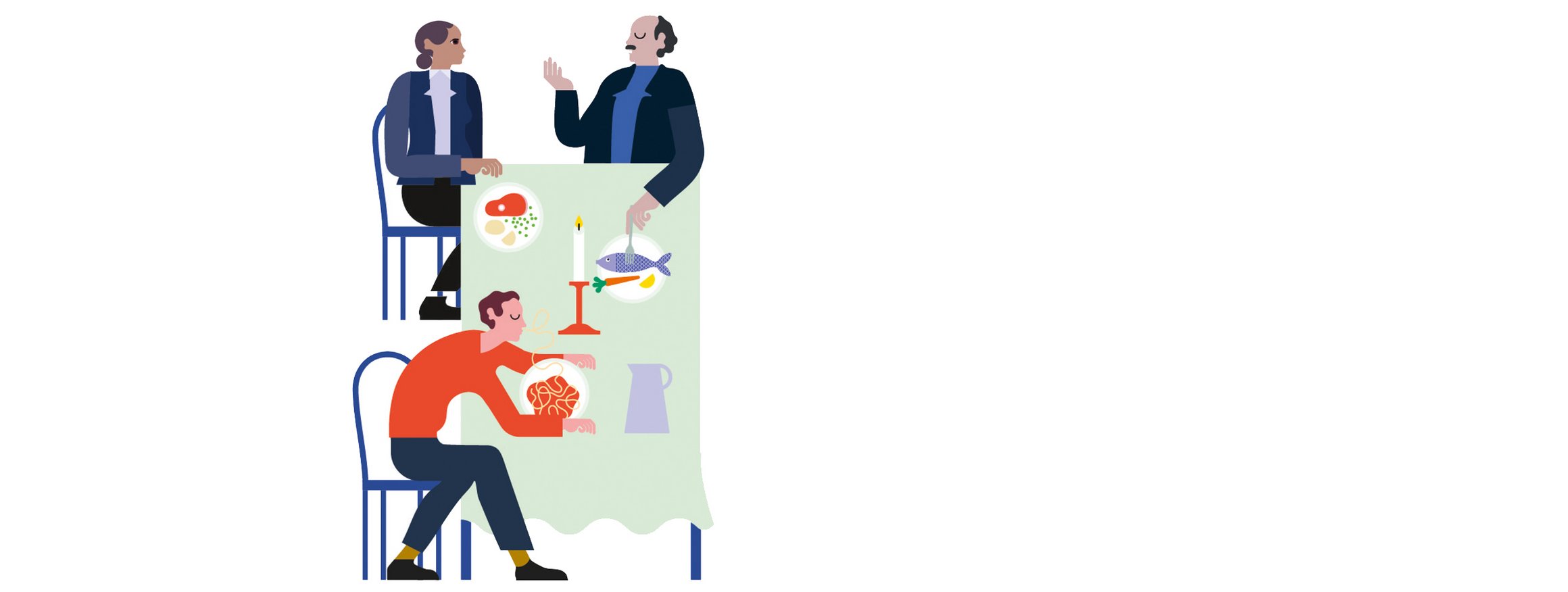 Die Illustration zeigt Personen im Business-Outfit beim gemeinsamen Geschäftsessen im Restaurant