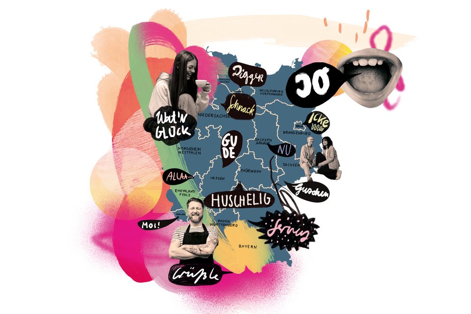 Die Illustration zeigt eine Landkarte Deutschlands mt den Menschen darauf und ihren verschiedenen Dialekten