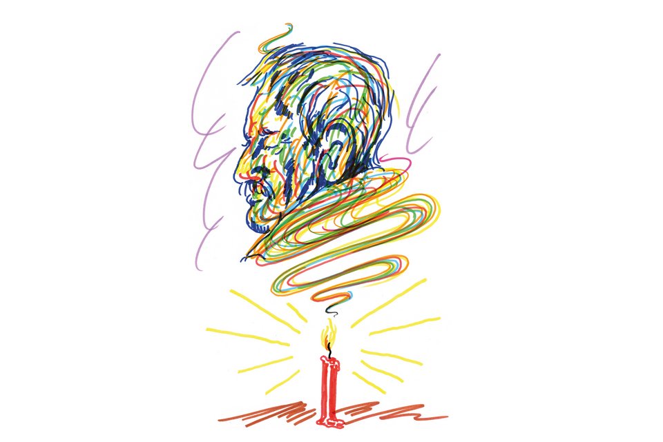 Die Illustration zeigt einen Männerkopf über einer Flamme einer roten Kerze
