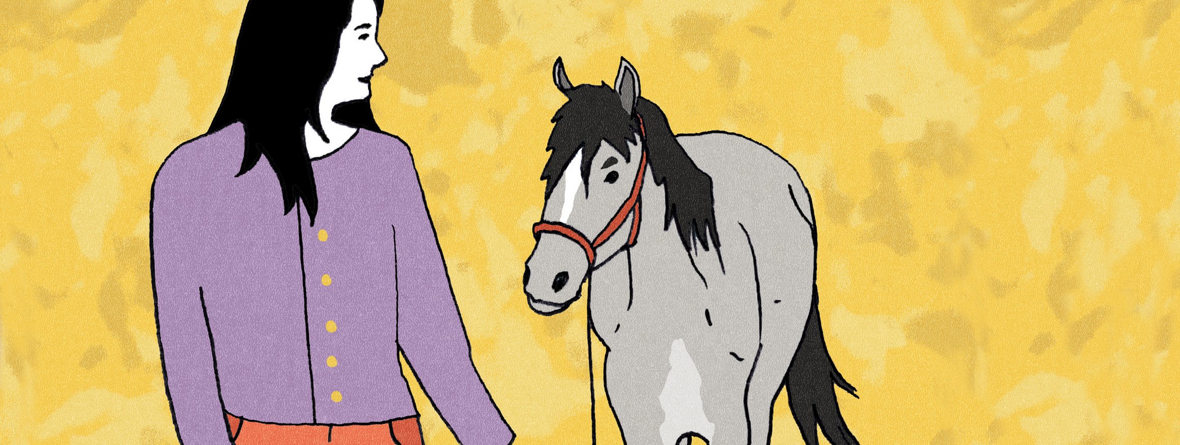 Die Illustration zeigt eine Frau die vor einem Pferd geht und es dabei anschaut