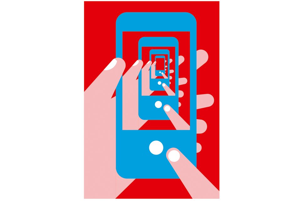 Die Illustration zeigt eine Hand, die ein blaues Smartphone in der Hand hält, darin sind viele Kopien des Smartphones zu sehen