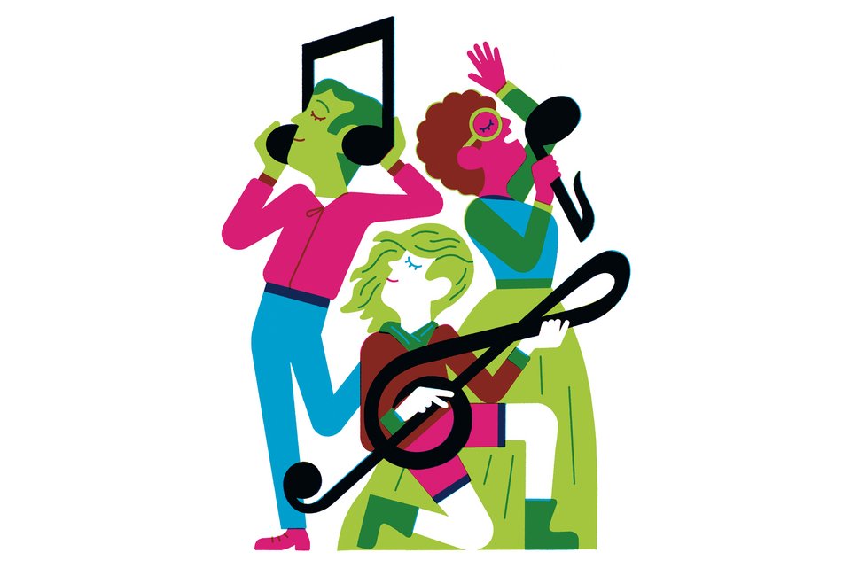 Die Illustration zeigt drei Menschen, die fröhlich, Noten und Notenschlüssel in der Hand halten wie Musikinstrumente.